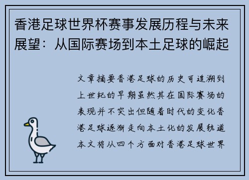 香港足球世界杯赛事发展历程与未来展望：从国际赛场到本土足球的崛起